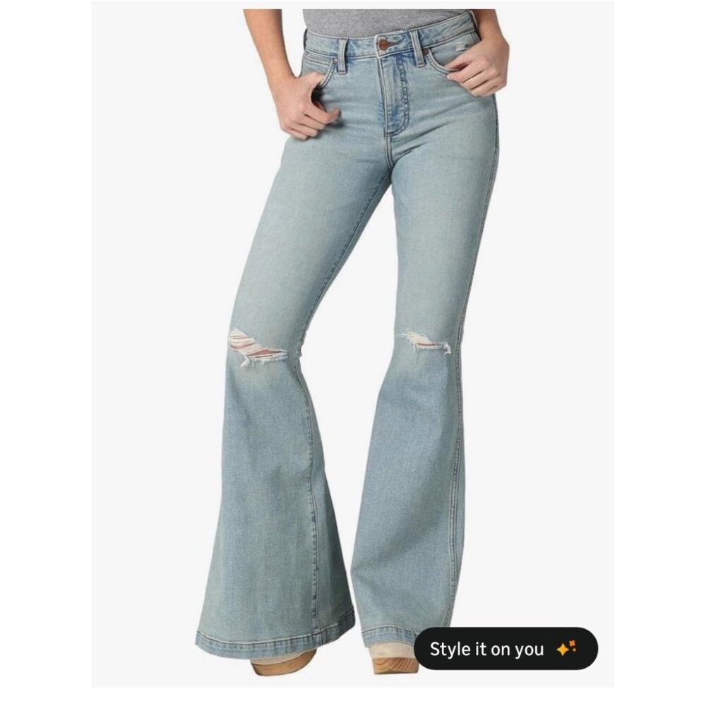 Wrangler High-Rise Flare Denim Jeans Trumpet Leg Distressed Light Wash 27x30 - Picture 2 of 16